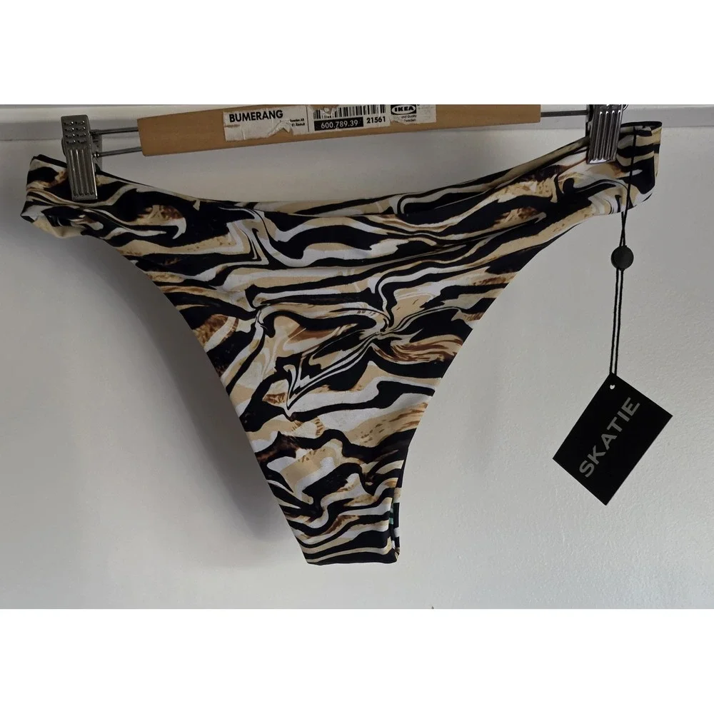 Skatie Bikini Bottom XL Black Tan White Abstract Swim Brief Swimwear